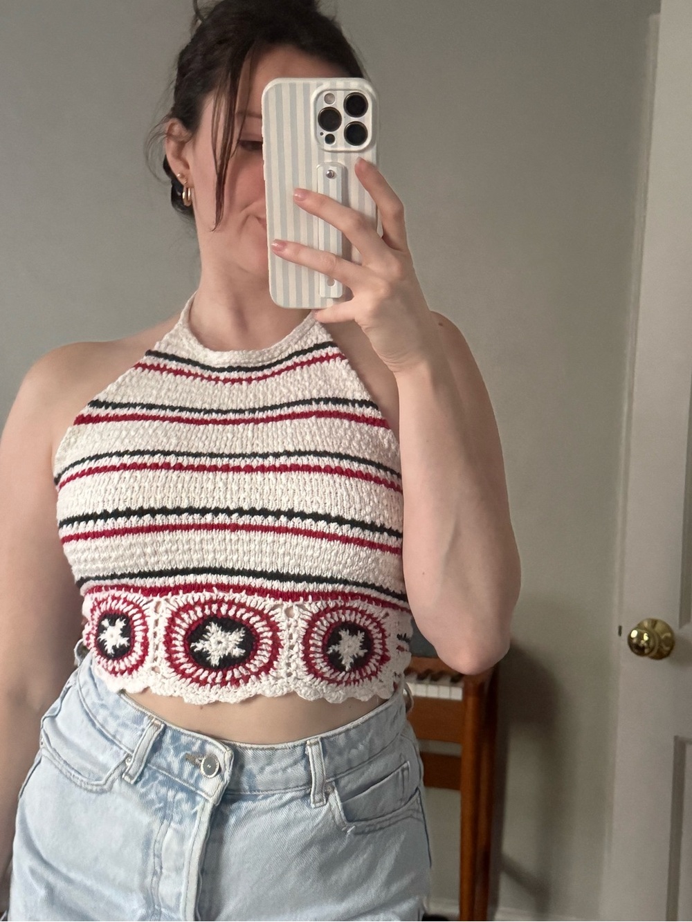 Crochet Halter Crop Top in Cream, Red & Black